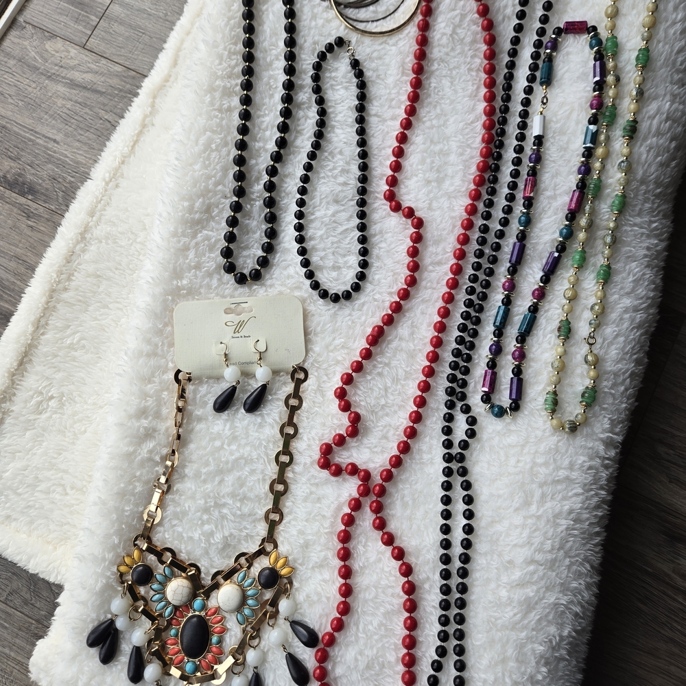 Statement Multicolor Bib Necklace with Black and Red Beads - Women Jewelry